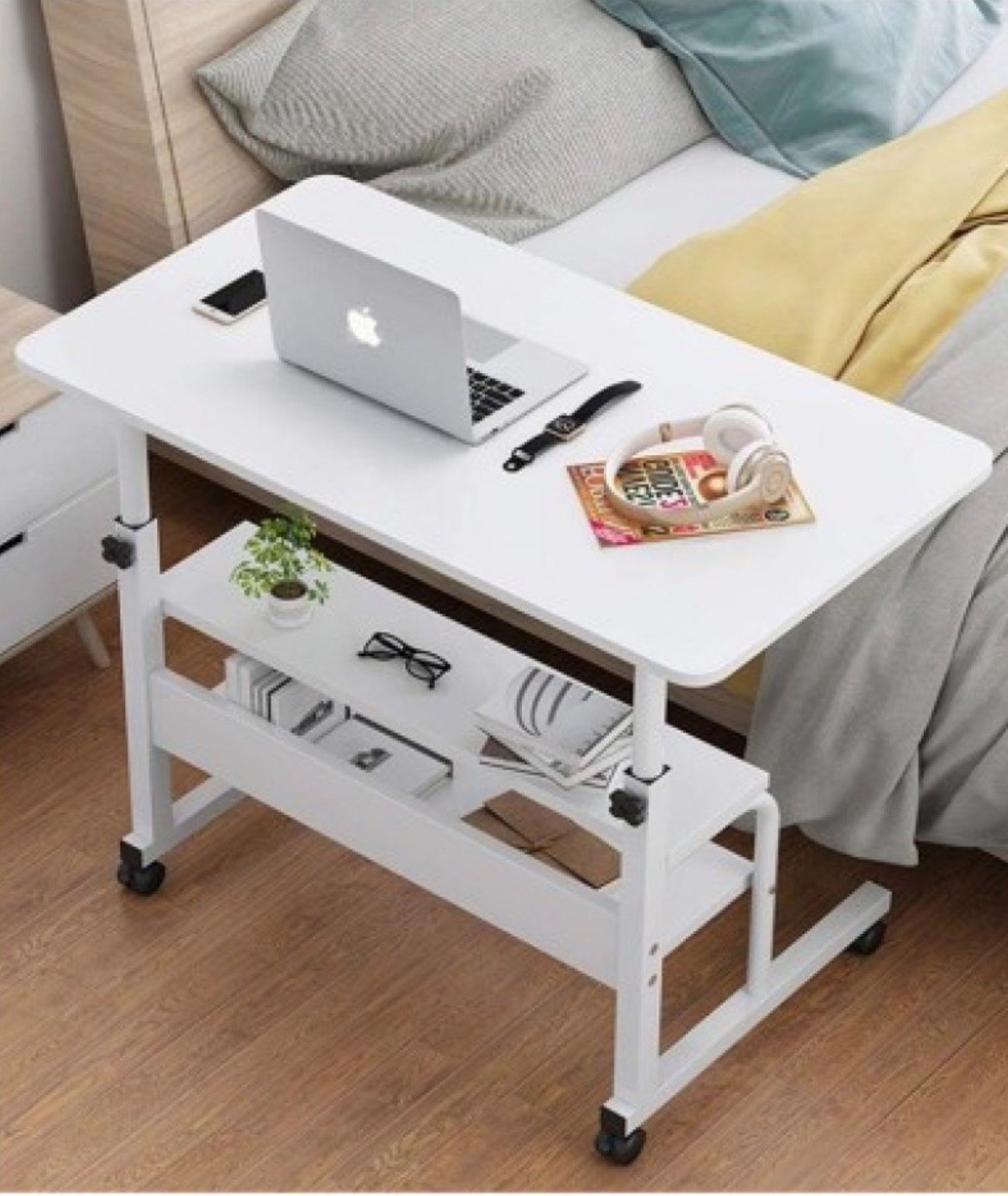Adjustable height bedside table with 2 under-desk shelves, movable laptop study